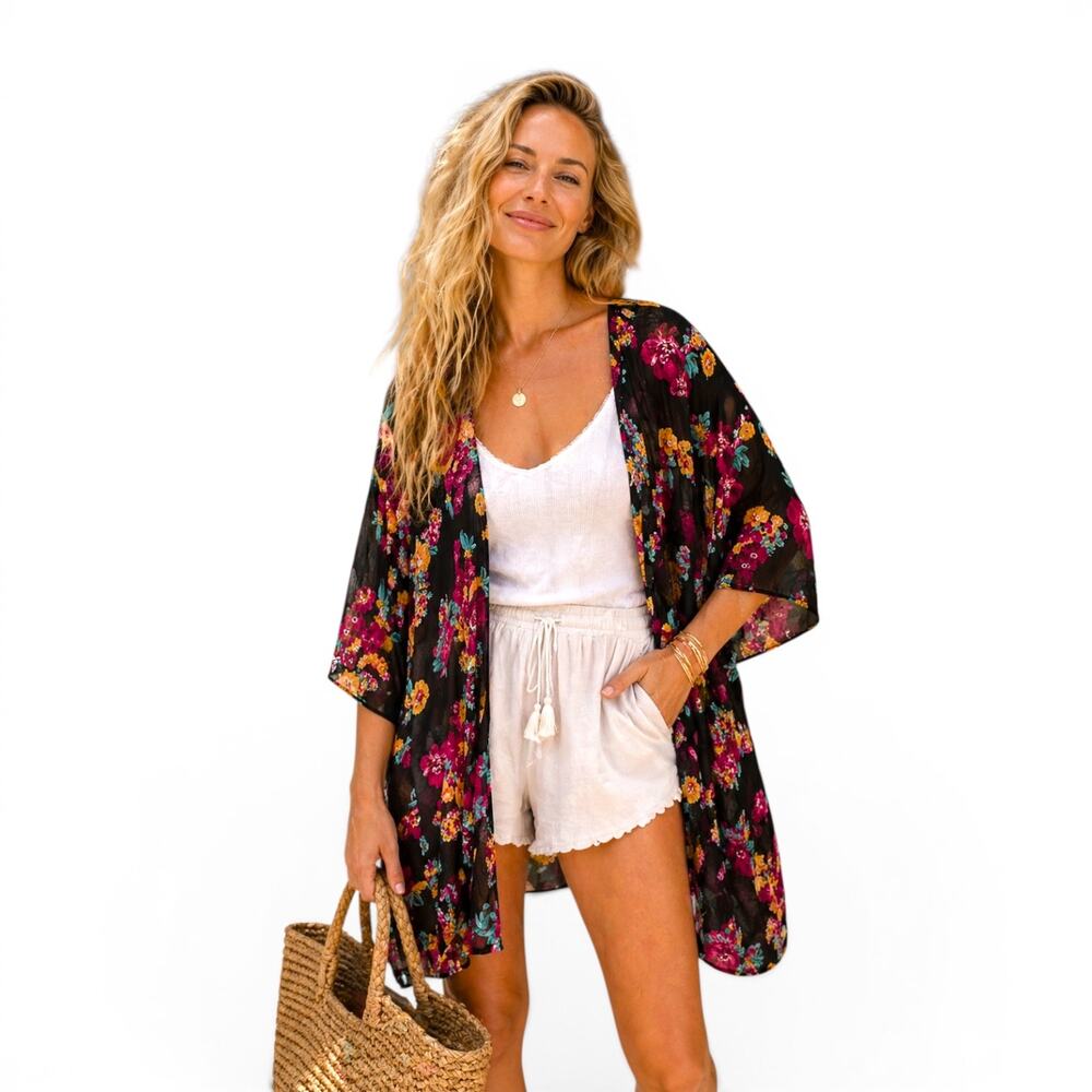 Maurices Women's NWT Plus Size Floral Ruffle Hem Kimono Size 2X Black Multi